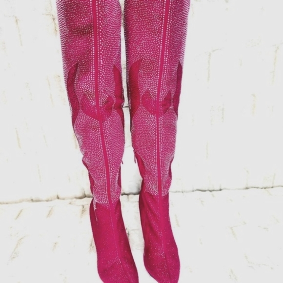 Hot Pink & Silver Rhinestone Flame Detail Sexy OTK Thigh Boots - Picture 13 of 13